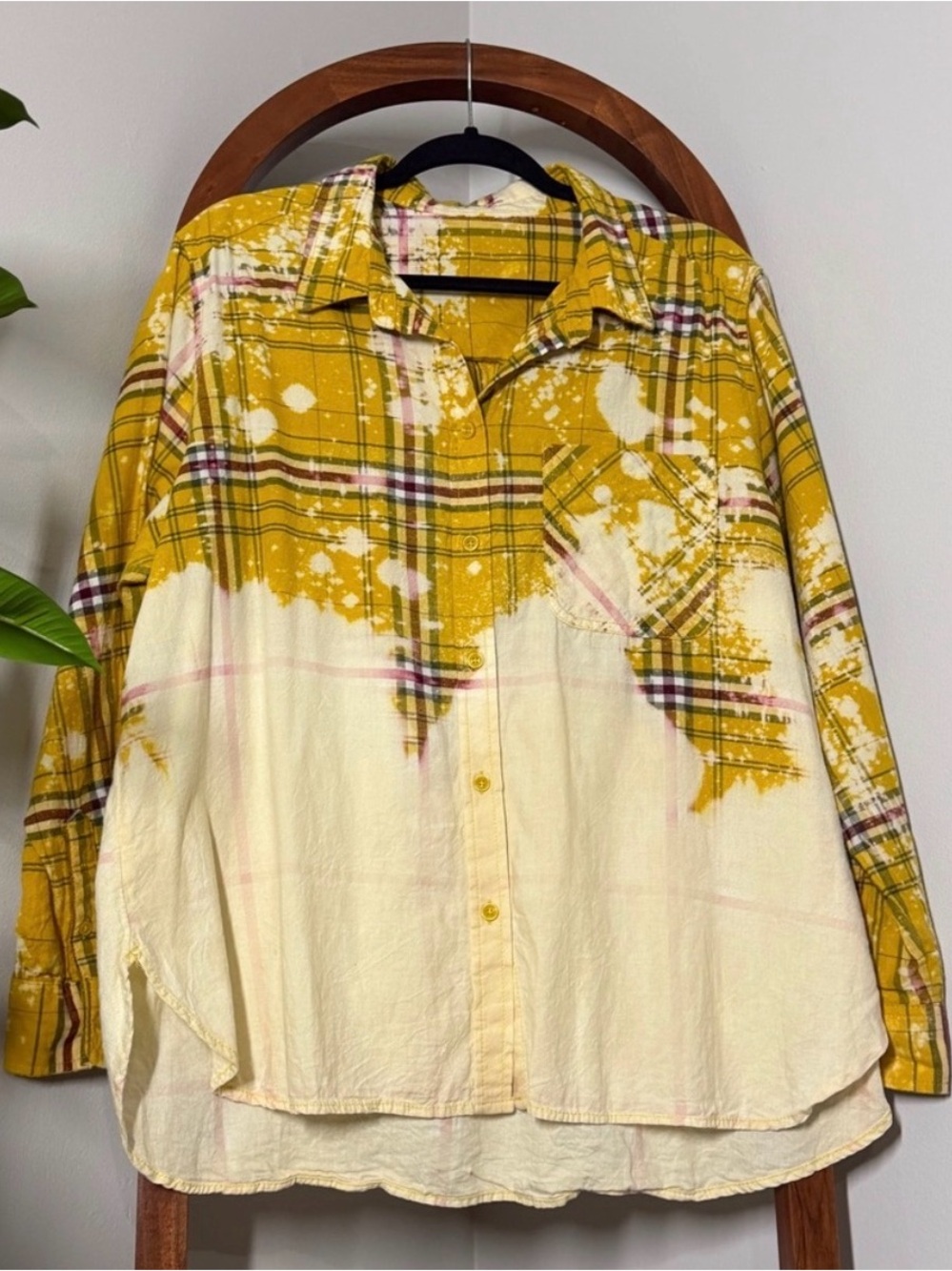 Time and Tru XL Mustard Plaid Custom Bleach Dip Dye Long Sleeve Flannel Shirt